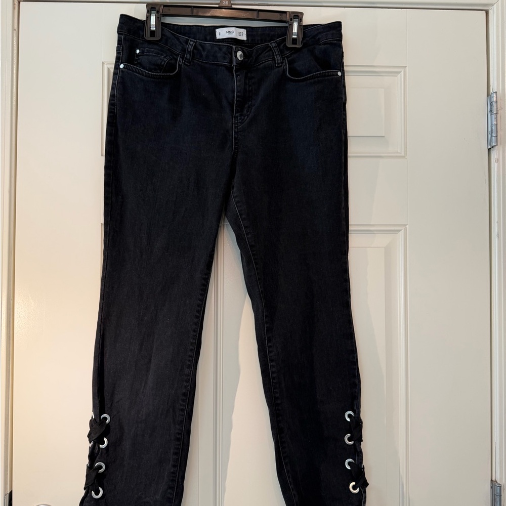 Mango Black Skinny Jeans with Lace-Up Detail USA 12